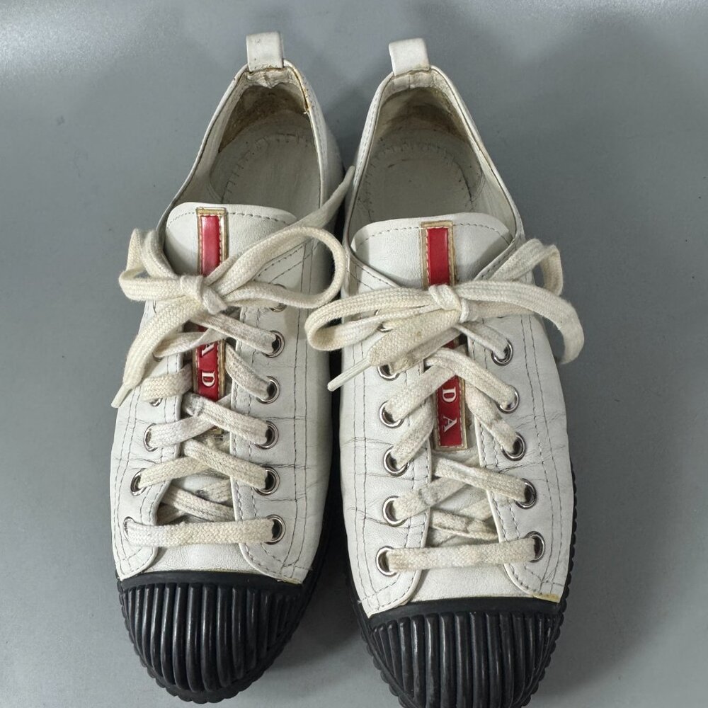 Prada Sport White Leather Cap Toe Lace Up Sneakers Size 35 1/2 - Picture 4 of 13